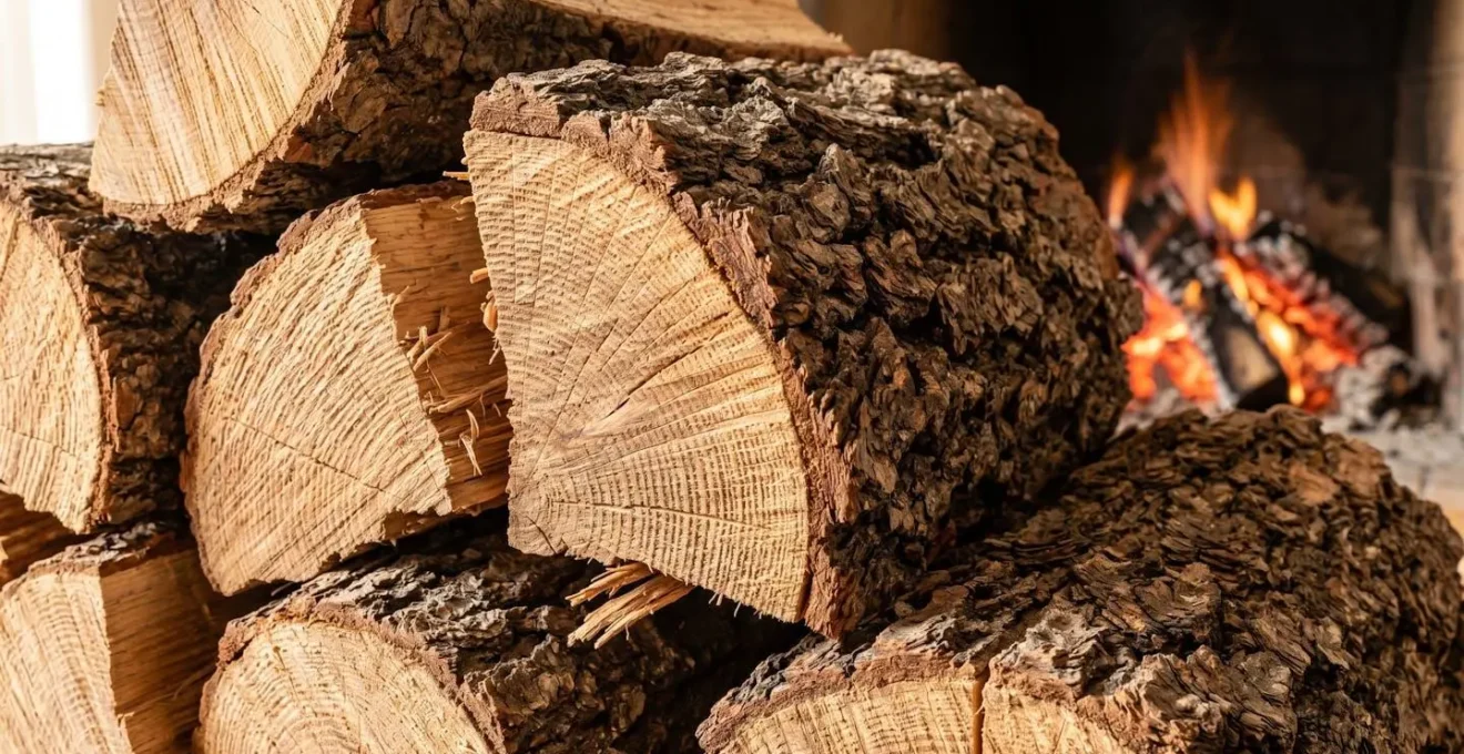 Gros plan sur des bûches de chêne sec empilées montrant la texture rugueuse de l'écorce et les fibres du bois, avec des braises rougeoyantes floues en arrière-plan