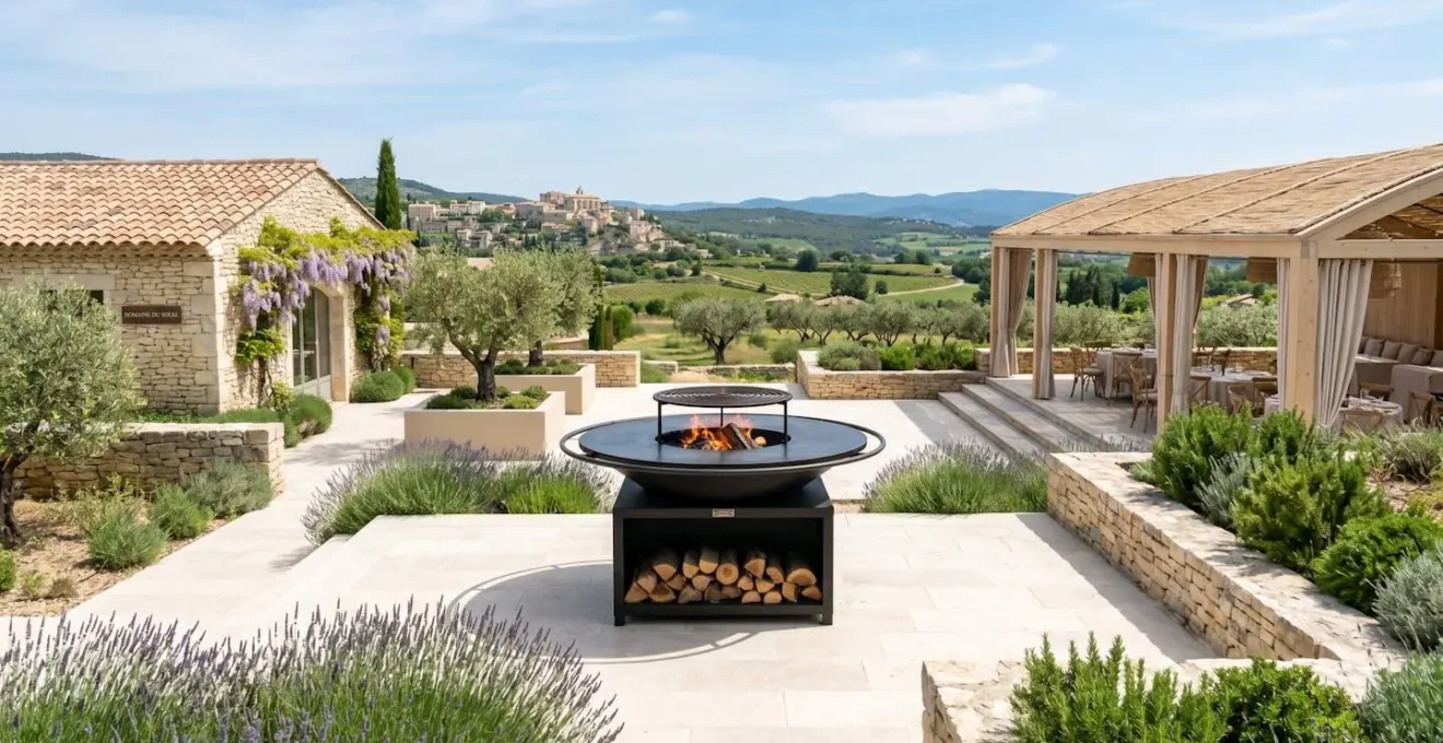 Vue large d'un jardin provençal aménagé pour un événement avec un grand brasero XXL installé au centre de l'espace, entouré de végétation méditerranéenne, sous une lumière naturelle abondante